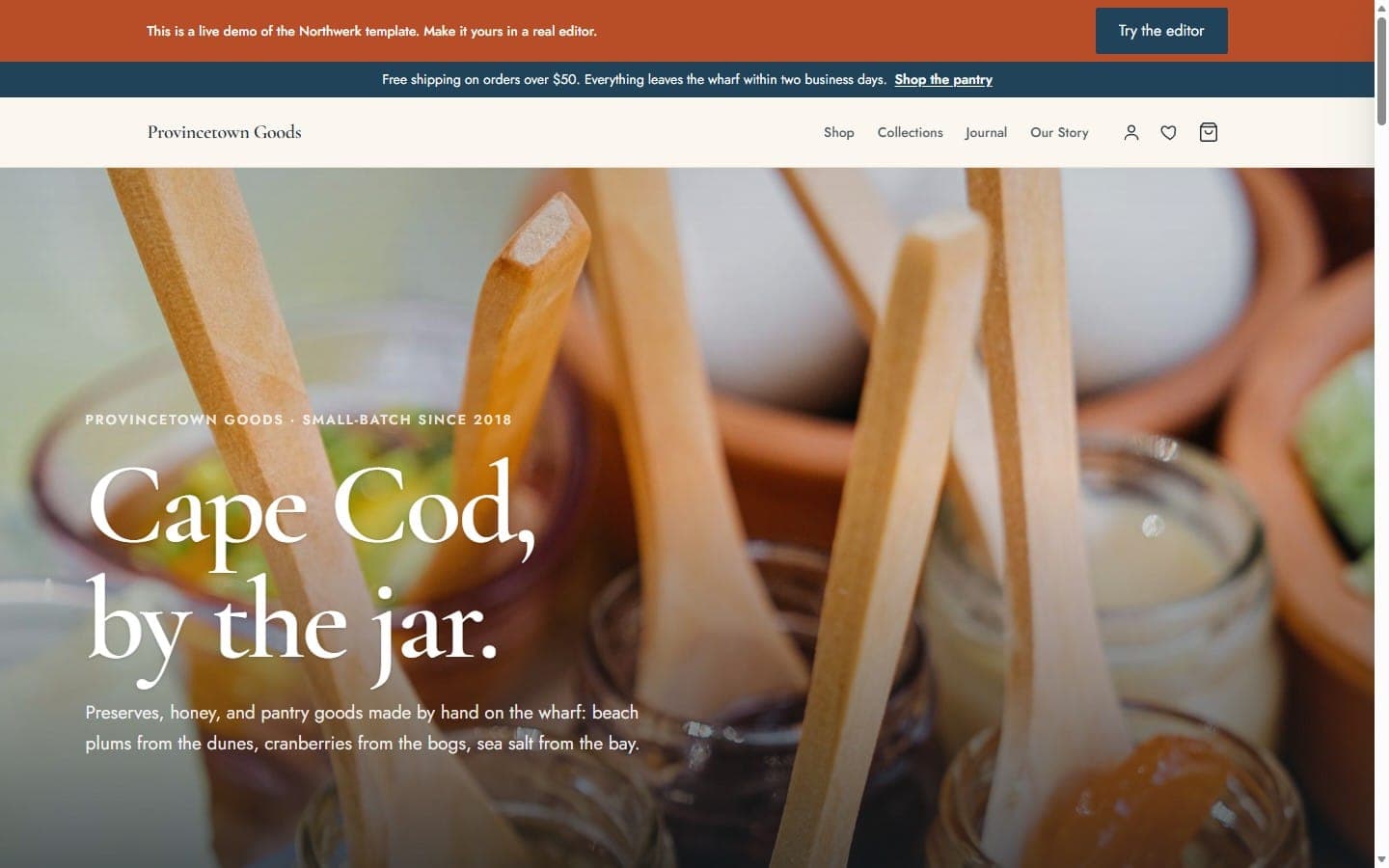 Provincetown Goods demo homepage: a small-batch pantry storefront.